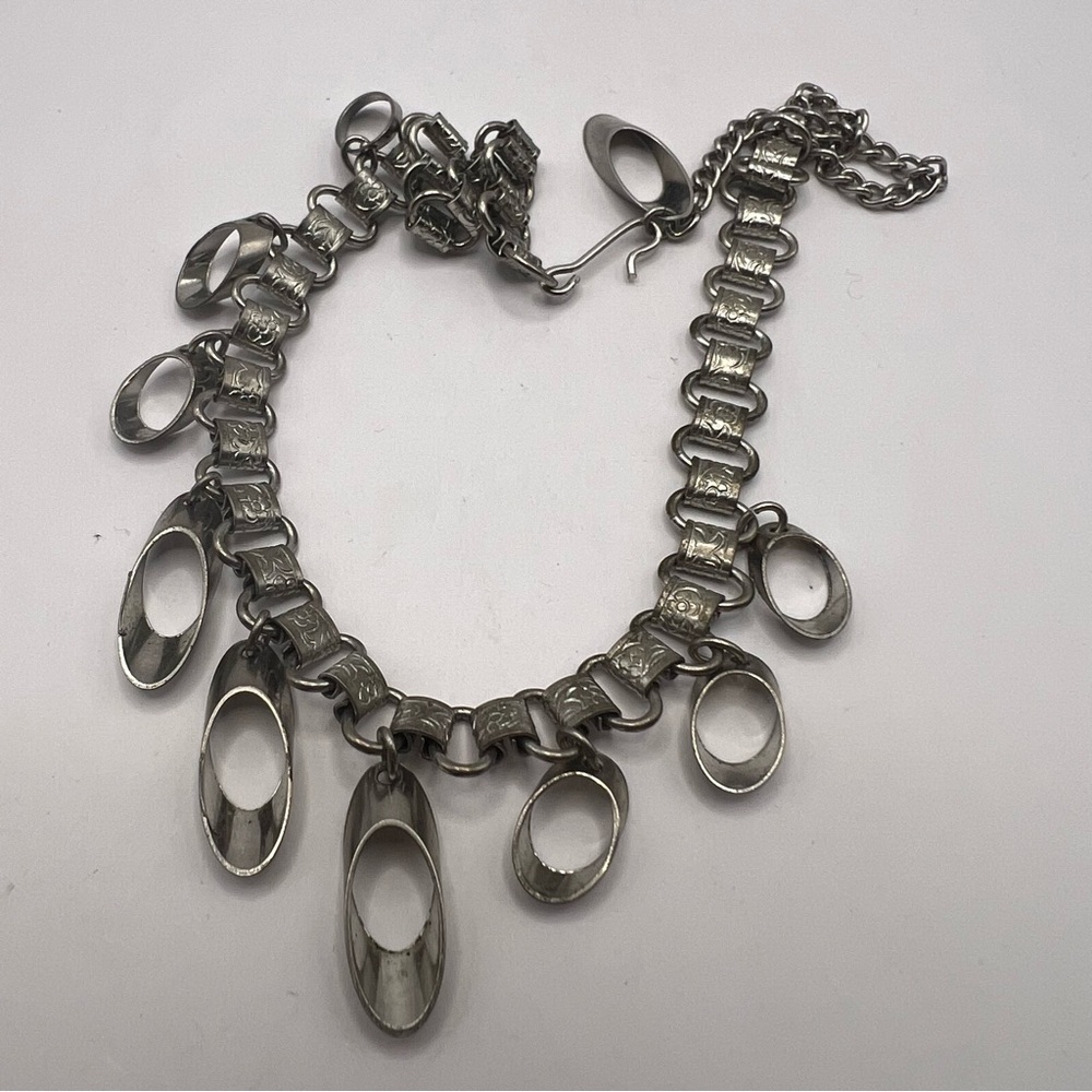 Unusual Silver Tone Book Chain Necklace w/ Midcentury Modern Dangles - Picture 7 of 8